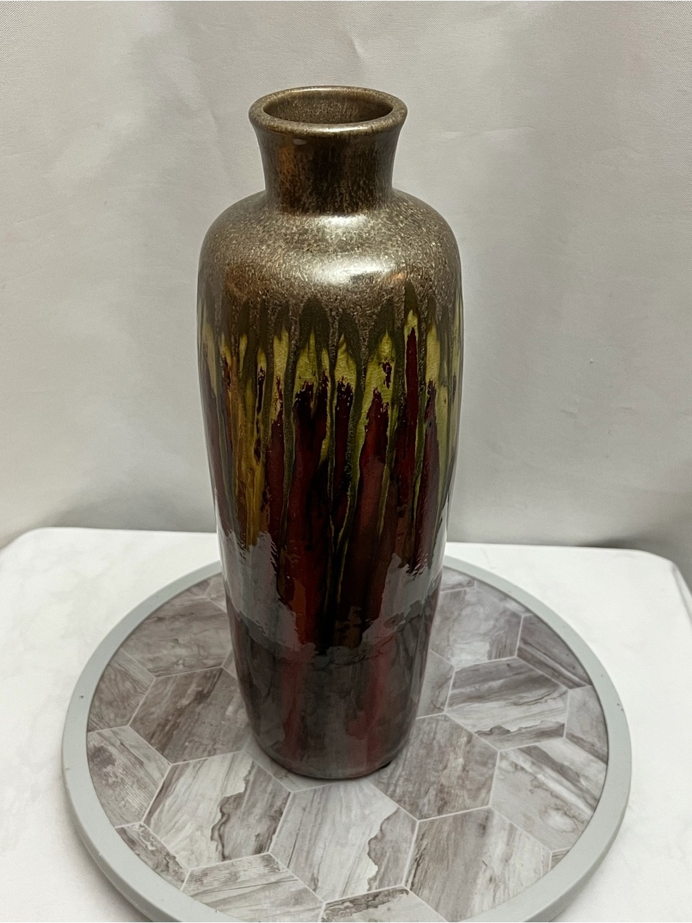Pier 1 Drip Glaze Floor Vase Metallic Red Gold Brown Decorative Ceramic Vase